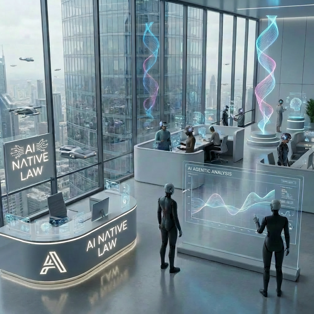 Office for Native AI Law showing robots and humans performing smart contract analysis.