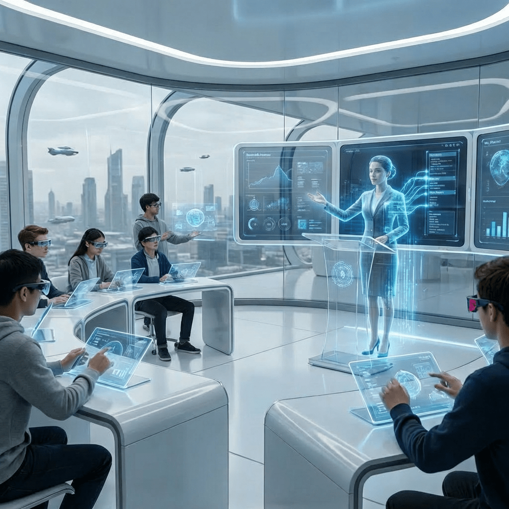 Students in a futuristic classroom using holographic tablets while a holographic teacher gives a lecture.