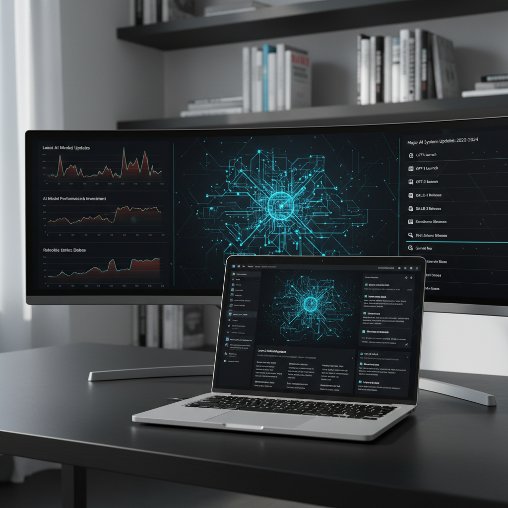 A minimalist workstation featuring a slim, silver laptop displaying a complex neural network visualization and structured news dashboard about AI systems, placed on a matte black desk surface. The screen shows interconnected nodes and flowing data streams in cool blues and teals against a dark interface. Behind the laptop, a large ultra-wide monitor displays analytical charts and timelines about AI model updates. Soft, diffused daylight enters from an unseen window to the left, creating subtle reflections on the metal laptop body and faint shadows along the desktop. The composition uses the rule of thirds from a slightly elevated angle with a shallow depth of field, leaving the background of shelves with neatly arranged tech books softly blurred. The atmosphere is focused, analytical, and professional, rendered in clean photographic realism.